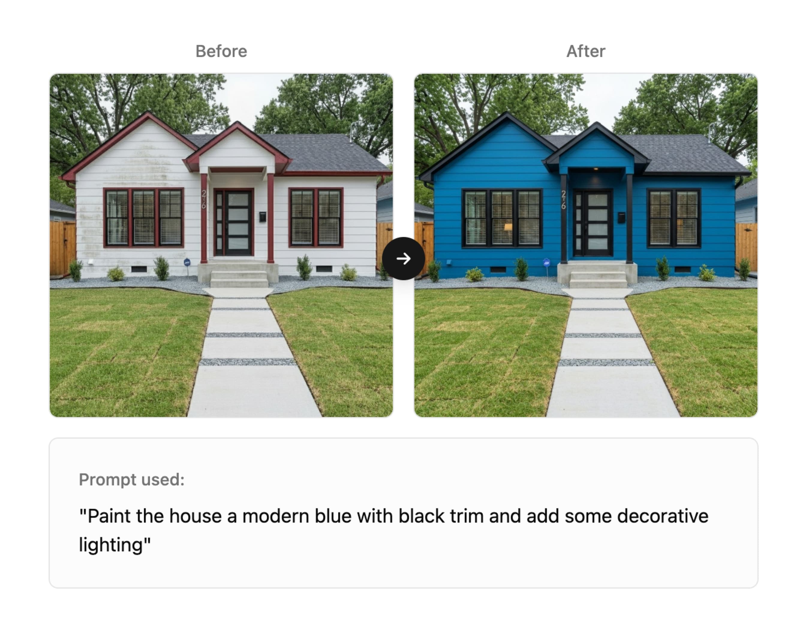 Before and after house paint visualization showing transformation from white with red trim to modern blue with black trim